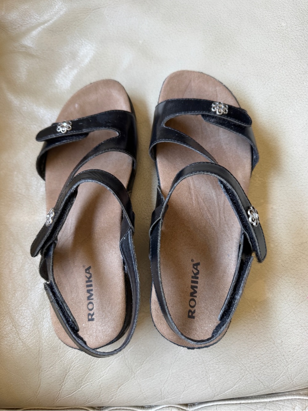 Romika Black Leather Adjustable-Strap Women's Sandals size 38